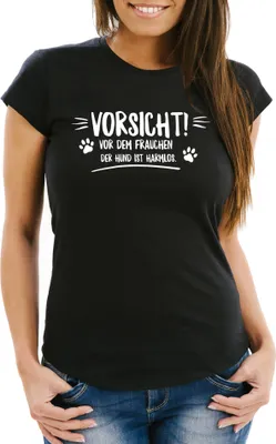 Produktbild von Vorsicht vor dem Frauchen der Hund ist harmlos! Damen T-Shirt Slim Fit Moonworks® schwarz XS
