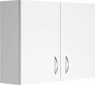 A white wall cabinet with two doors.