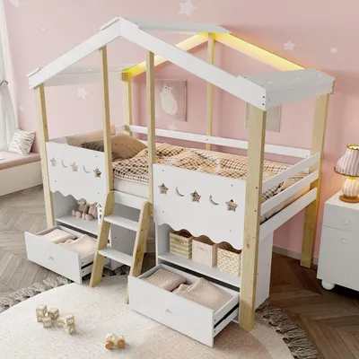 A child's bedroom with a house-shaped loft bed.