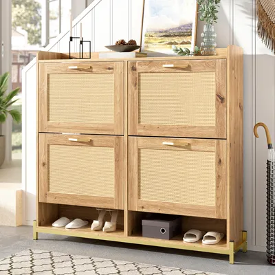 A wooden shoe cabinet with four rattan doors and open storage shelves is shown in a hallway setting.