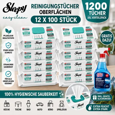 Produktbild von Sleepy Easy Clean Oberflächenreinigungstücher – 12x100 Montain + Glasreiniger GRATIS, KI-generiertes Bild