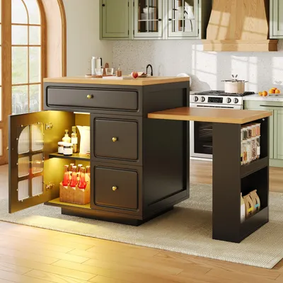 Obrázek produktu pro MODFU kuchyňský ostrůvek černý s výsuvnou deskou, 122,5–195,5 cm, barový stůl s LED a zásuvkami, kuchyňský stůl se skleněnou vitrínou a skrytými prostory