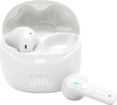 A pair of white JBL Tune Flex 2 wireless earbuds with their charging case, presented on a white background.