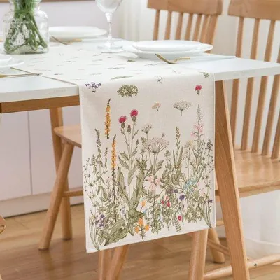 Produktbild von Unyqoos® Leinen-Tischläufer mit Blumenmuster und grünen Blättern, waschbar, 40 x 140 cm – dekorativ für Esstisch, Hochzeit & Outdoor