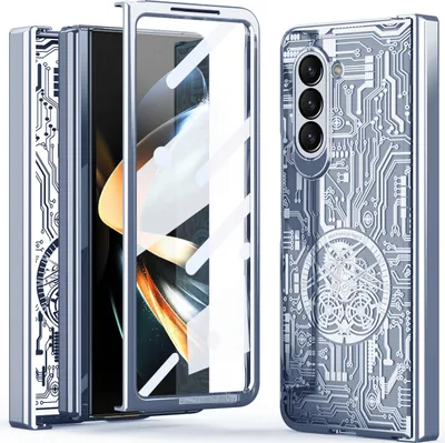 Image de Etui pour Samsung Galaxy Z Fold 5 étui galvanisé de luxe avec protection de la charnière et housse transparente avec film sur l'écran bleu