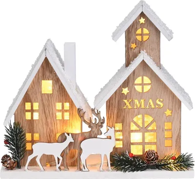 Produktbild von Holz Weihnachtsdeko mit LED Licht, Skandinavische Hütte Elch Baum Winter, 20.5x23cm