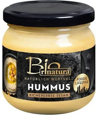 Produktbild von Rinatura Hummus Kichererbse Sesam 180g Glas Ballaststoffquelle vegan Mild-würzig im Geschmack