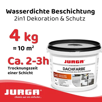 Produktbild von Jurga Dachfarbe Weiß 4kg, Sockelfarbe WASSERDICHT, Fassadenfarbe für Außen, Dachbeschichtung für Blechdach, Bitumen, Dachpappe, Schindeln, Putz