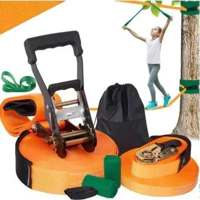 Obrázok produktu pre Súprava XL Slackline – dĺžka 18,3 m – odolná a robustná konštrukcia – s ochrannými prvkami a prepravnou taškou – prémiová bezpečnosť lana – pomôcka na tréning – vonkajšie použitie – šport – hračky