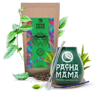 Produktbild von Pachamama - Guayusa Tee Set Pure 100g - Grüner Keramik Mate Becher 350ml - Hoher Koffeingehalt - 100% Blätter Luftgetrocknet - Bombilla
