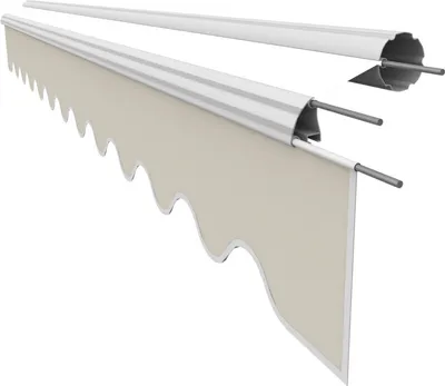 A close-up, angled view of a beige awning fabric with a scalloped edge, attached to a silver metal frame, against a white background.