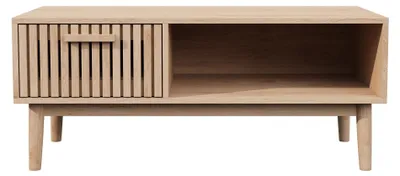 Image de Table basse en rotin - Table de salon - Bois massif et rotin - Avec roulettes - Un tiroir et un compartiment ouvert - Design moderne - Dimensions : 100 x 50 x 43 cm - Bois naturel