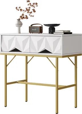 Produktbild von AIORBER Moderner Konsolentisch mit 2 Schubladen, 3D-Design, Metallbeinen, Beistelltisch für Flur & Wohnzimmer, Weiß + Gold