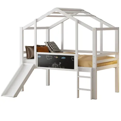 Produktbild von Kinderbett,Dachboden-Design mit Sicherheitsleiter und Sicherheitsrutsche,mit Graffiti-Tafel, Multifunktionsbett Massivholzbett Einzelbett Hochbett