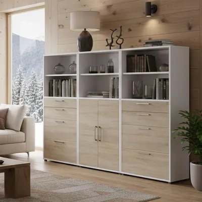 Image de Vinovo - Buffet, 267x40x186h cm Blanc, 8 Tiroirs