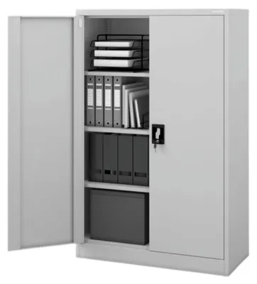 Produktbild von Aktenschrank abschließbar KEVIN 4 Ebenen verstellbar Flügeltüren | Metallschrank Werkstatt Mehrzweckschrank Büroschrank aus Stahl Werkzeugschrank 140x90x40cm Grau
