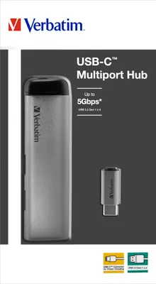 Obrázek produktu pro Verbatim USB-C Multiport Hub, USB 3.2 Gen 1 (3.1 Gen 1) Type-C, USB 3.2 Gen 1 (3.1 Gen 1) Type-A, 5000 Mbit/s, Šedá, Hliník, Plast, 0,15 m
