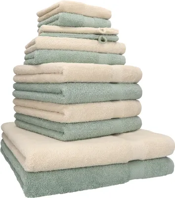 A stack of folded towels in two colors.
