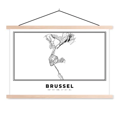 Produktbild von MuchoWow® Textilposter Belgien - Brüssel - Stadtplan - Karte - Schwarz und weiß - Karte 60x40 cm mit holzfarbenen Rahmen - Bilder