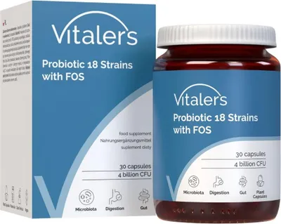 Productafbeelding van Vitaler Probiotica: 18 stammen met FOS, 30 capsules – Vegan, pure samenstelling, zonder vulstoffen, ondersteunt de spijsvertering