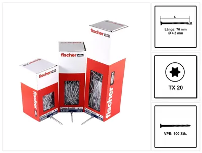 Produktbild von fischer Spanplattenschraube PowerFast, FPF II CTP 4,5 x 70 BC 100 Senkkopf mit Innenstern TX Teilgewinde galvanisch verzinkt, blau passiviert, 100 Stück