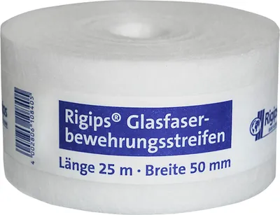A roll of white fiberglass reinforcing tape with a blue label.