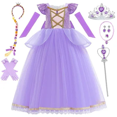Obrázek produktu pro Princeznovské šaty - Kostým Rapunzel pro dívky - Fialové - S doplňky na karneval