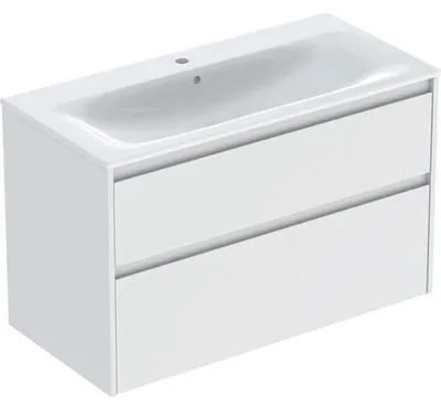 Produktbild von Geberit Renova Plan Set Möbelwaschtisch schmaler Rand, mit Unterschrank, zwei Schubladen: 100x62.1x48cm, Breite Waschtisch=100cm, Waschtisch: weiß / KeraTect, Korpus, Front: weiß / lackiert seidenmatt