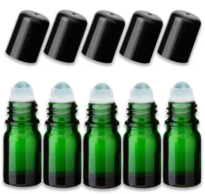 Produktbild von 5x Grüne Glasflasche 5 ml Roll-On mit schwarzem Verschluss - Leer 18mm