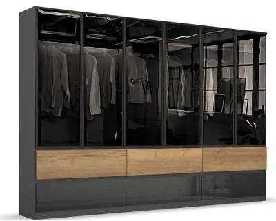 Produktbild von Kleiderschrank Amsterdam mit Transparentglastüren & 6 Schubkasten 300cm mit Hochglanzfront-Anthrazit ca.: Breite: 300cm/ Tiefe: 62cm / Höhe: 218cm