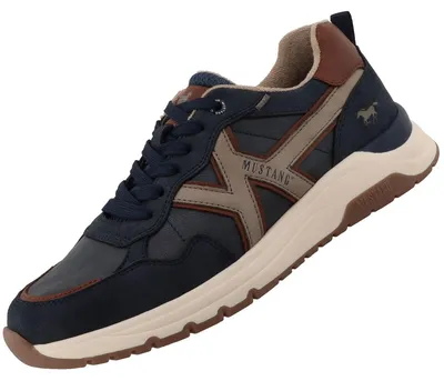 Das Bild zeigt einen blauen Freizeitschuh mit weißer Sohle und Schnürsenkeln Der Schuh ist von der linken Seite sichtbar und steht auf einem neutralen Hintergrund