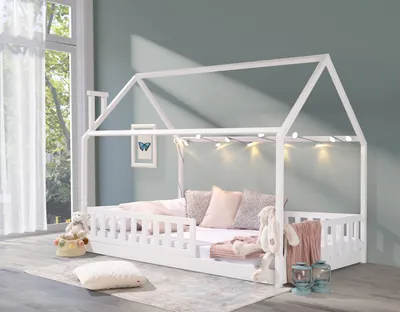 Produktbild von Hausbett »Kinderbett ROSI PLUS 120x200 Weiß  Kiefer« (Einzelbett mit Lattenrost und abnehmbarem Rausfallschutz)