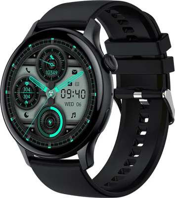 A product shot of a black smartwatch with a detailed watch face.