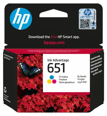 Productafbeelding van HP 651 Originele tri-color inktcartridge Advantage, standaard opbrengst, cyaan, magenta, geel, inkt op basis van kleurstoffen, 1 ml, 1 stuk, verpakking met meerdere stuks