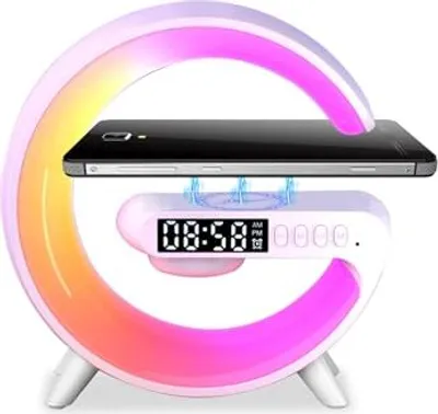 Produktbild von Nachttischlampe mit Uhr und Ladestation 5W Radiowecker mit Licht und Ladefunktion Dimmbar G Lampen LED Lampe Bluetooth Lautsprecher Intelligente Weiß