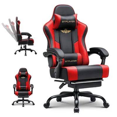 Zdjęcie produktu dla Fotel gamingowy GTPLAYER – ergonomiczny fotel dla graczy z podnóżkiem, zagłówkiem i podparciem lędźwiowym, z regulacją wysokości, kolor czerwony