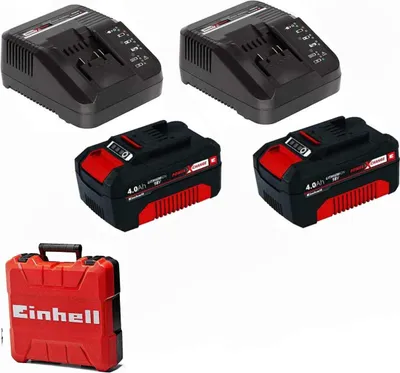 Produktbild von 2 x Einhell 4,0 Ah Akku und 2 x Ladegerät Power X-Change Li-Ion,18V + Koffer