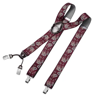 Produktbild von DonDon Herren Hosenträger 3,5 cm breit 4 Clips mit braunem Leder in Y-Form elastisch und längenverstellbar - Paisley rot