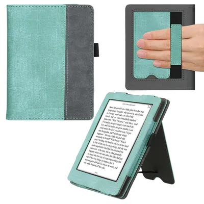 Produktbild von kwmobile Flip Hülle kompatibel mit Kobo Glo HD / Touch 2.0 - Handschlaufe - Cover Mintgrün Dunkelgrau