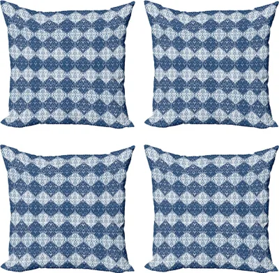 Produktbild von ABAKUHAUS Navy blau Kissenbezug Set (4 Stück), Oriental Patchwork Asian, Moderner Doppelseitiger Digitaldruck, 60 cm x 60 cm, Blassblau Dunkelblau
