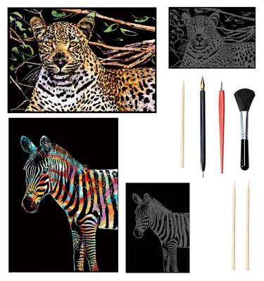Immagine prodotto di Set da 2 immagini da colorare formato A3, con soggetti animali: ghepardo e zebra, inclusi strumenti per colorare
