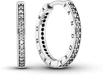 A pair of Pandora hoop earrings with cubic zirconia stones.