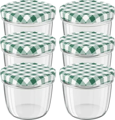 Produktbild von WELLGRO Einmachgläser mit Schraubdeckel - 230 ml, 8,5 x 6,5 cm (ØxH), Glas / Metall, grün karierte Deckel To 82, Gläser  Germany, verschiedene Mengen wählbar, Stückzahl:6 Stück