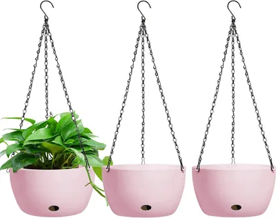 Zdjęcie produktu dla 3 szt. wiszące kosze zewnętrzne, 20 cm samonawadniające wiszące kosze na zewnątrz, wiszące doniczki plastikowe wiszące doniczki na rośliny wewnętrzne balkony zewnętrzne, różowe
