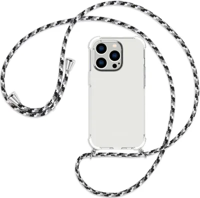 Produktbild von Handykette Backcover-Schutzhülle mit Band (Metall silberfarben) für Apple iPhone 14 Pro (6.1'') - schwarz/grau/weiß