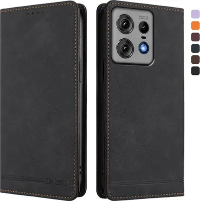 Produktbild von Hülle für Motorola Edge 50 Pro, Retro Kunstleder Ständer Klapphülle mit Kartenfächer und Magnetische Schwarz