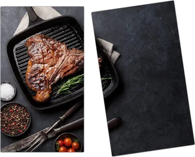 Produktbild von Spritzschutz Herdabdeckplatte Schneidebrett aus Glas T-Bone Steak in Pfanne 2-Teilig (60x52cm)