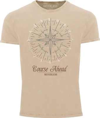 Produktbild von Cooles angesagtes Herren T-Shirt Vintage Shirt Kompass Windrose Aufdruck Used Look Slim Fit Neverless® natur L