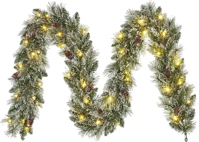 Productafbeelding van Black Box Trees Vandans Guirlande met LED Verlichting - Kerstversiering voor Sfeervolle Kerstdecoratie - Slinger met Dennenappels en Kunstsneeuw - Kerstslinger van 270 cm - Groen