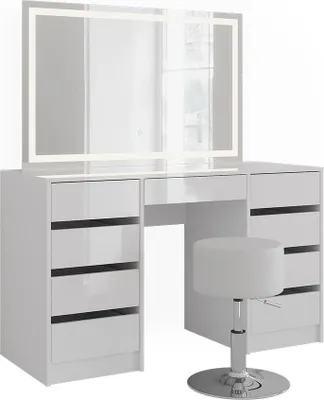 Produktbild von Schminktisch Vicco Sherry Weiß/Weiß Hochglanz 128.2 cm mit LED-Spiegel und Hocker, Model 57636